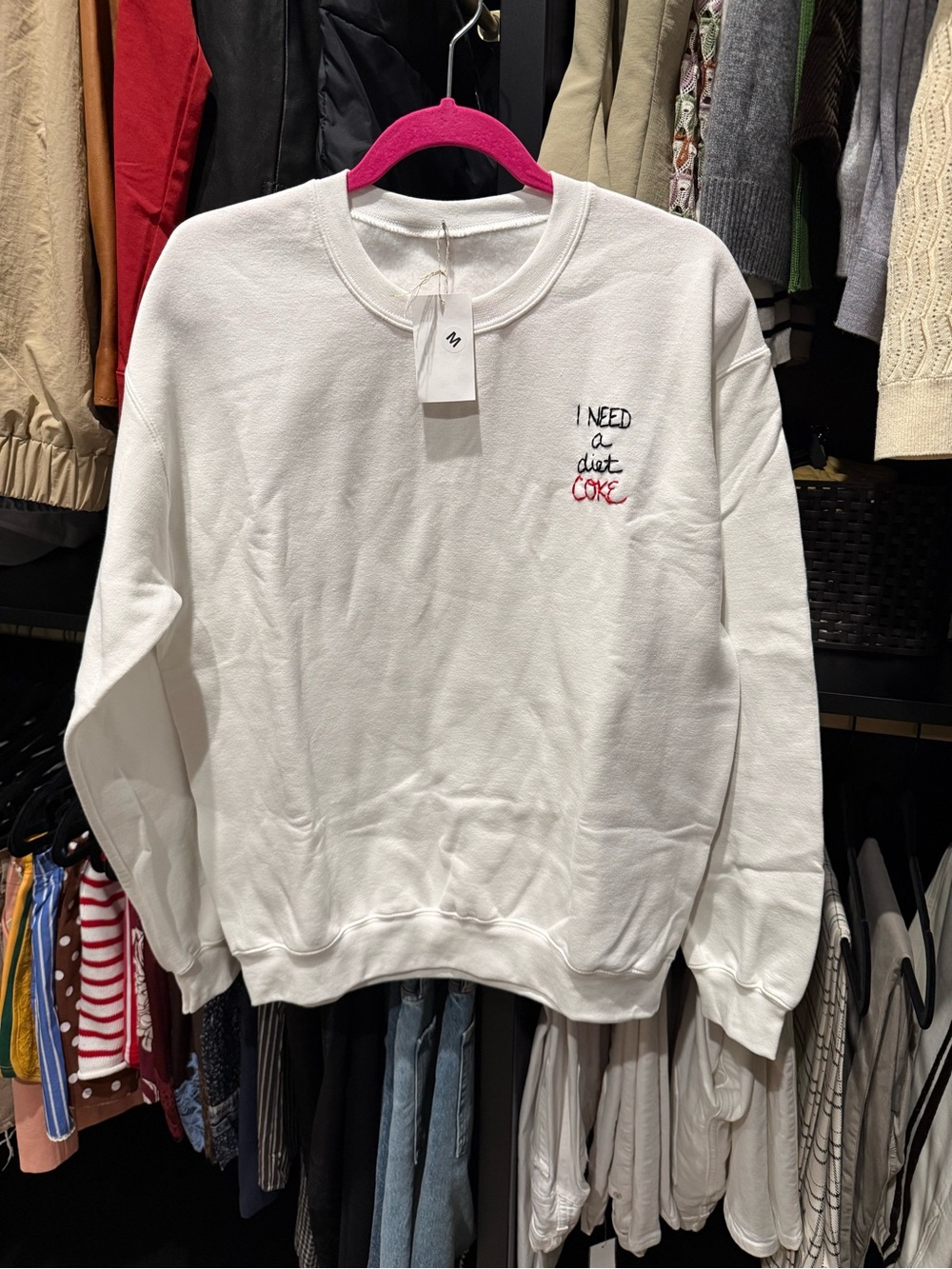 White Embroidered Crewneck Sweatshirt - I Need a Diet COKE